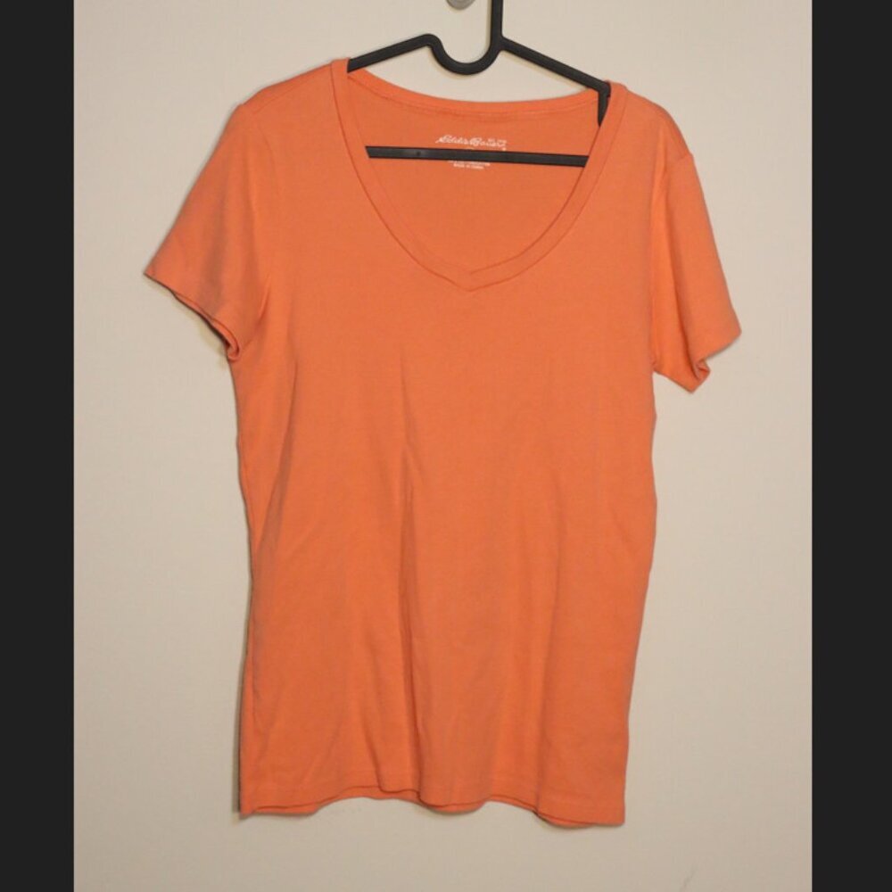 Eddie Bauer short sleeved, orange peach tshirt, v neck, size Large